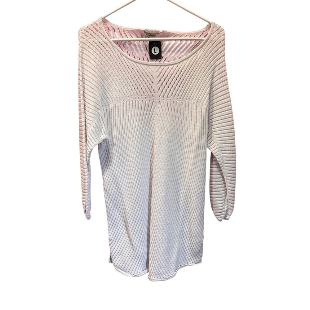 Dana Buchman Womens Large Light Pink Pointelle Knit 3/4 Sleeve Tunic Sweater